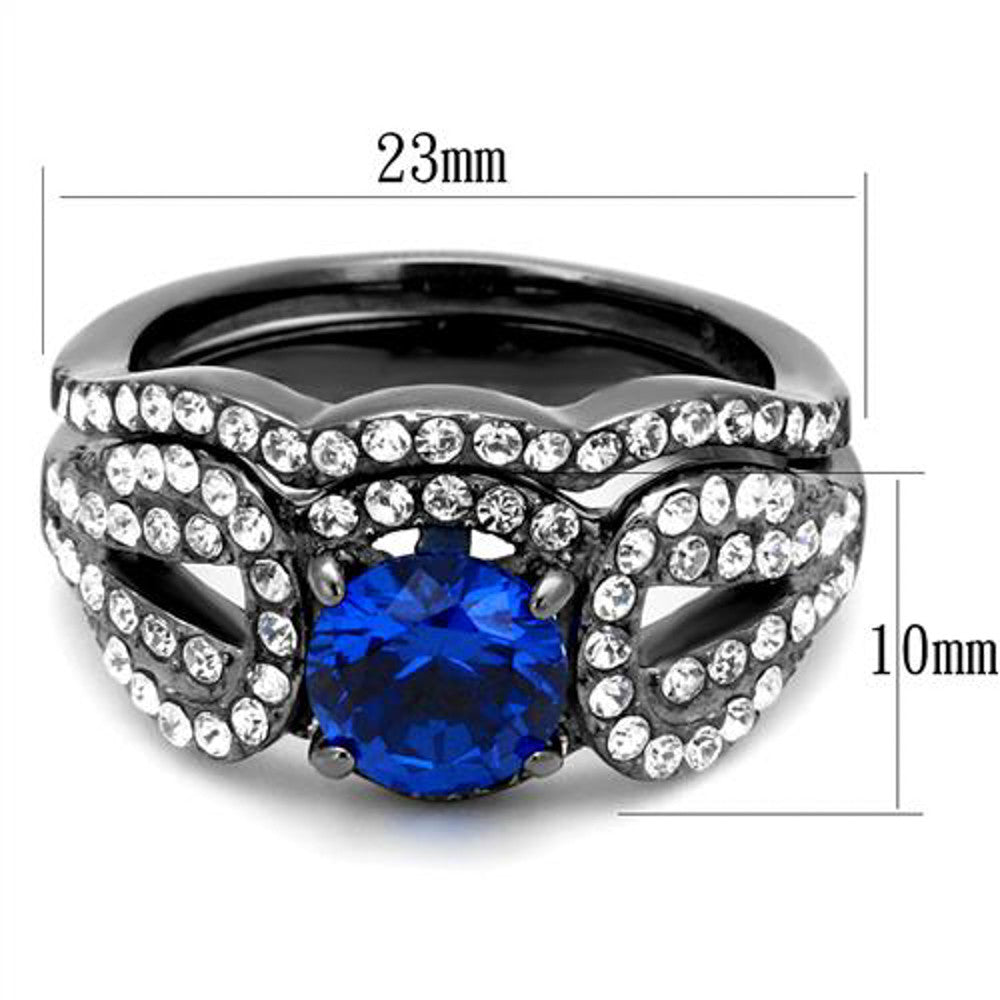 ARTK2740 Womens London Blue Synthetic Spinel Light Black Stainless Steel Wedding Ring Set